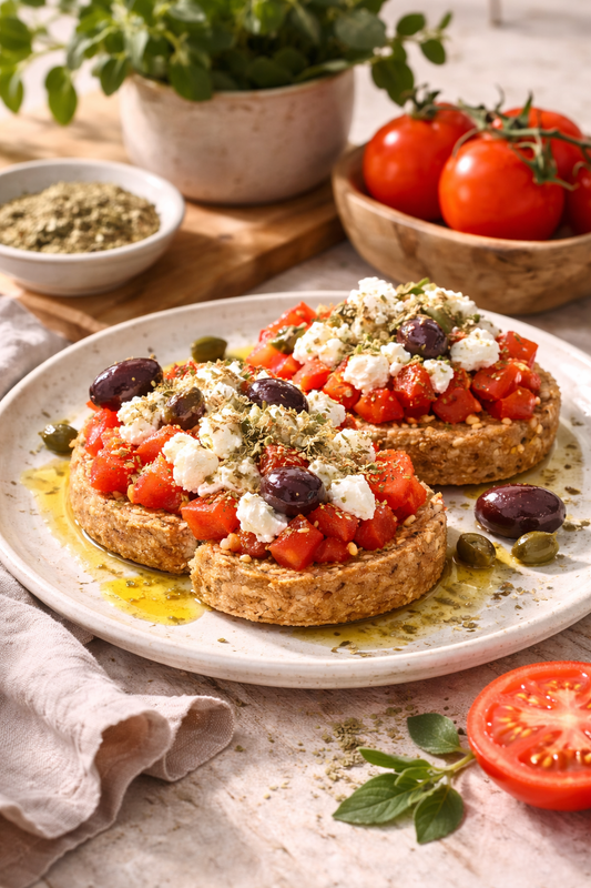 Dakos – Griechischer Brotsalat mit Tomaten, Feta und Olivenöl