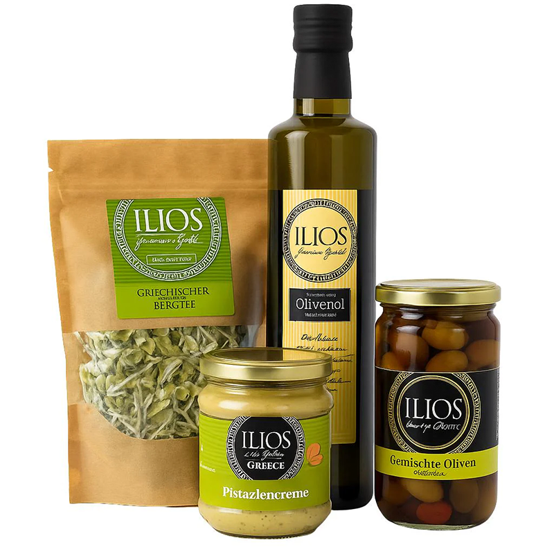 Griechisches Produktset Olivenöl Oliven