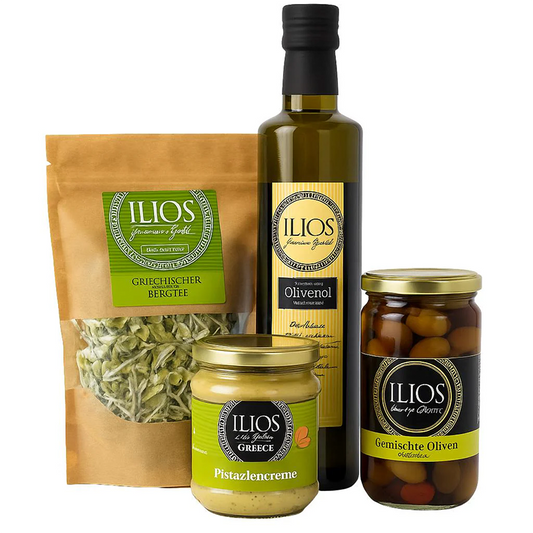 Griechisches Produktset Olivenöl Oliven