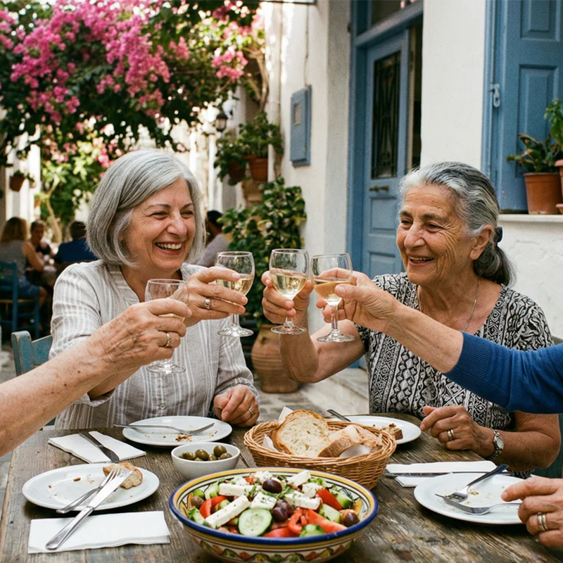 Frauen stoßen mit Wein in Griechenland an