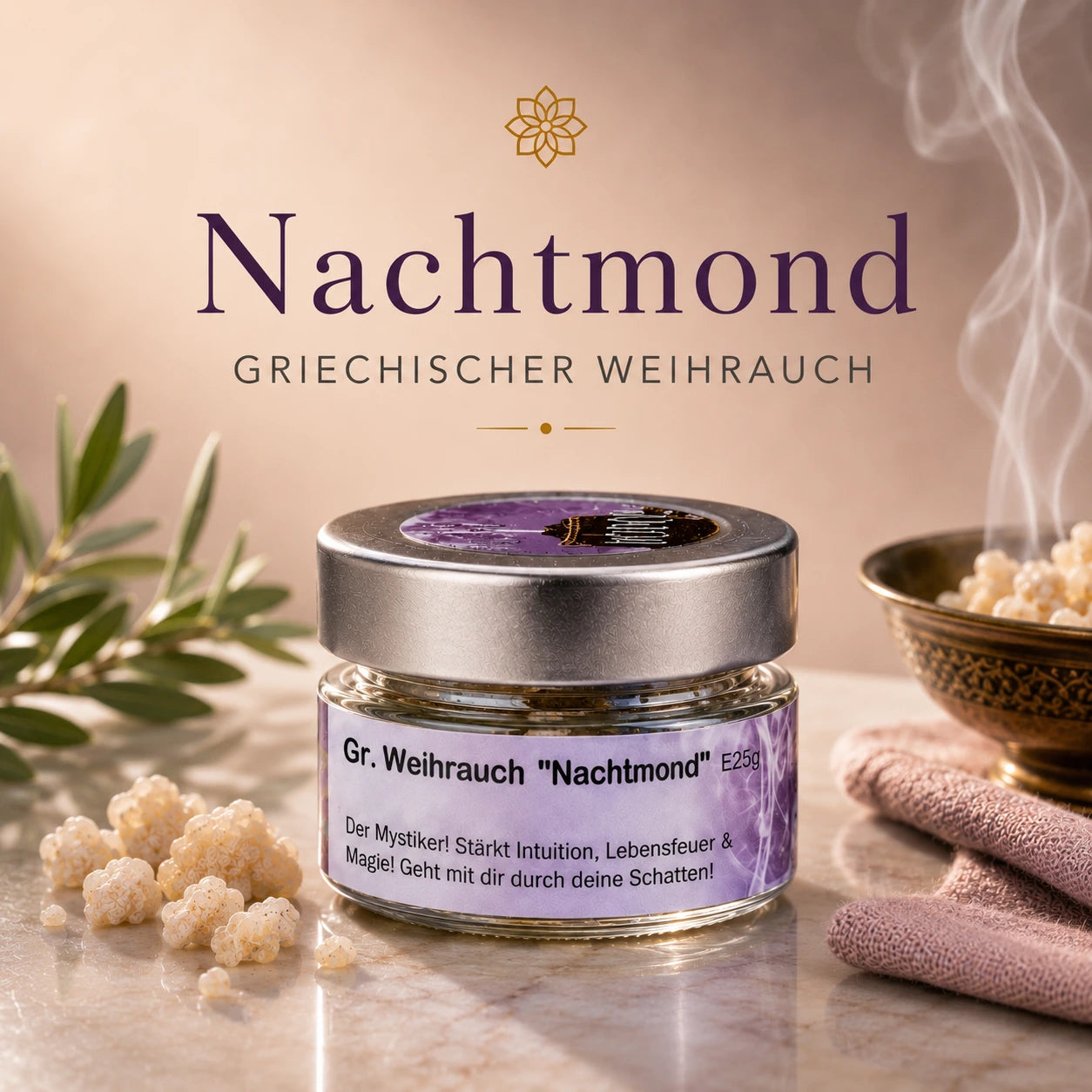 Griechischer Weihrauch Nachtmond – intuitiv, magisch & emotional reinigend (Glas)