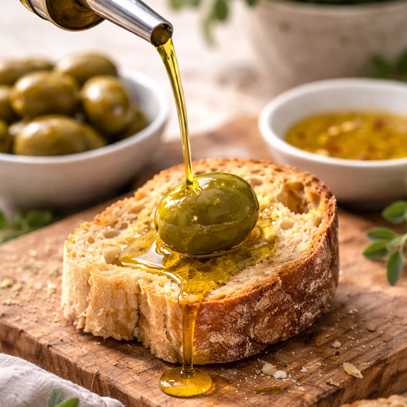 Olivenöl wird auf Brot gegossen