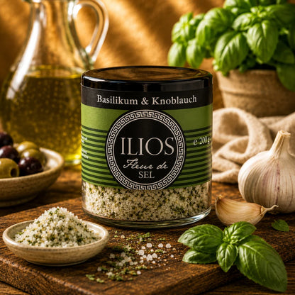fleur de sel basilikum knoblauch meersalzmischung 200g fleur de sel basilikum knoblauch meersalzmischung fein im glas