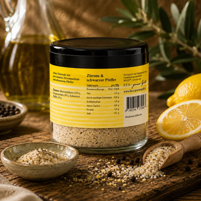 fleur de sel zitrone & schwarzer pfeffer meersalzmischung 200g fleur de sel zitrone & schwarzer pfeffer meersalzmischung fein im glas