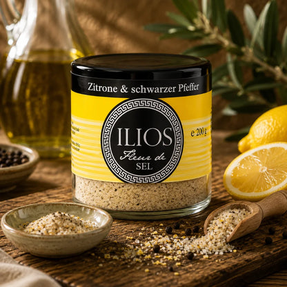 fleur de sel zitrone & schwarzer pfeffer meersalzmischung 200g fleur de sel zitrone & schwarzer pfeffer meersalzmischung fein im glas