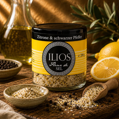 fleur de sel zitrone & schwarzer pfeffer meersalzmischung 200g fleur de sel zitrone & schwarzer pfeffer meersalzmischung fein im glas
