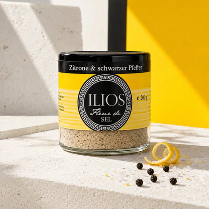 fleur de sel zitrone & schwarzer pfeffer meersalzmischung 200g fleur de sel zitrone & schwarzer pfeffer meersalzmischung fein im glas